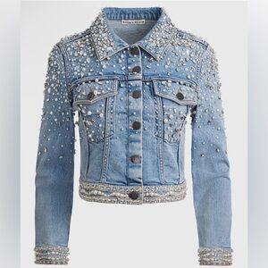 NWT Alice & Olivia Nelson Crystal & Pearl Embelishded Denim Jacket Size M